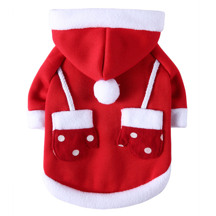 Coral fleece four-leg dog jumpsuit with holiday print in Purple, close-up detail
