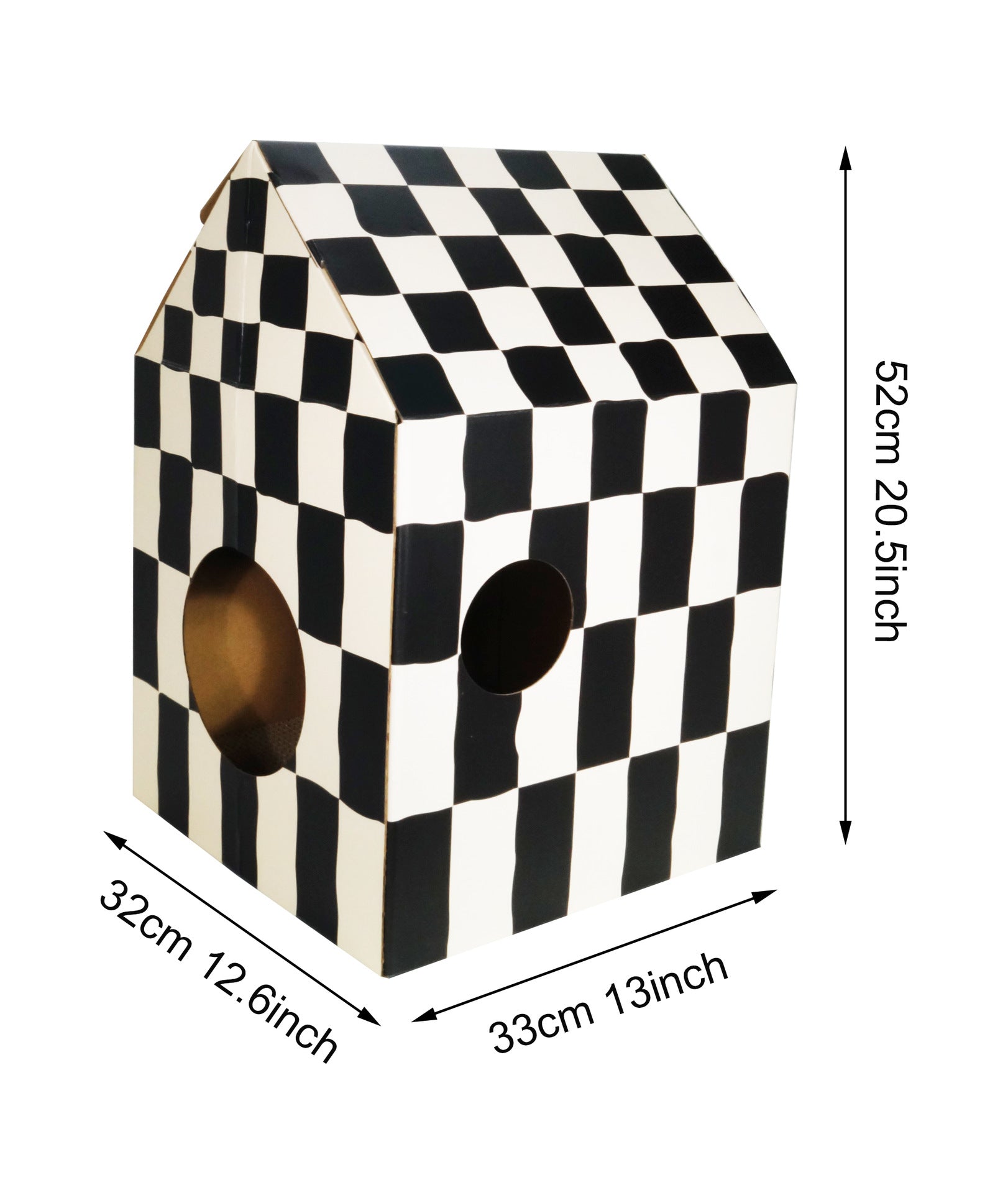 Corrugated cardboard cat nest house with checkerboard print design, view 8