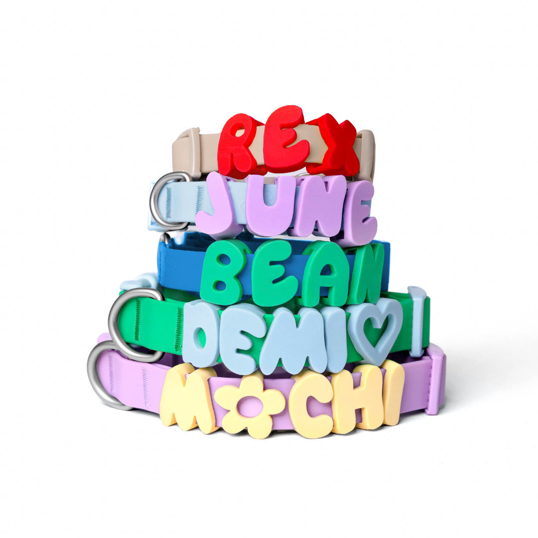 Silicone letter slides for pet collars in 6 colour options