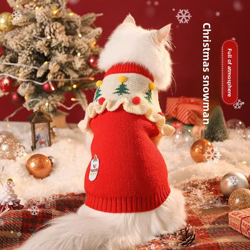 Christmas snowman knitted cat jumper in Christmas Snowman, close-up detail