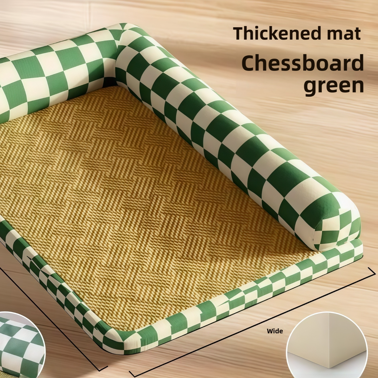 Double-sided cooling pet mat with hemp cover in chessboard green