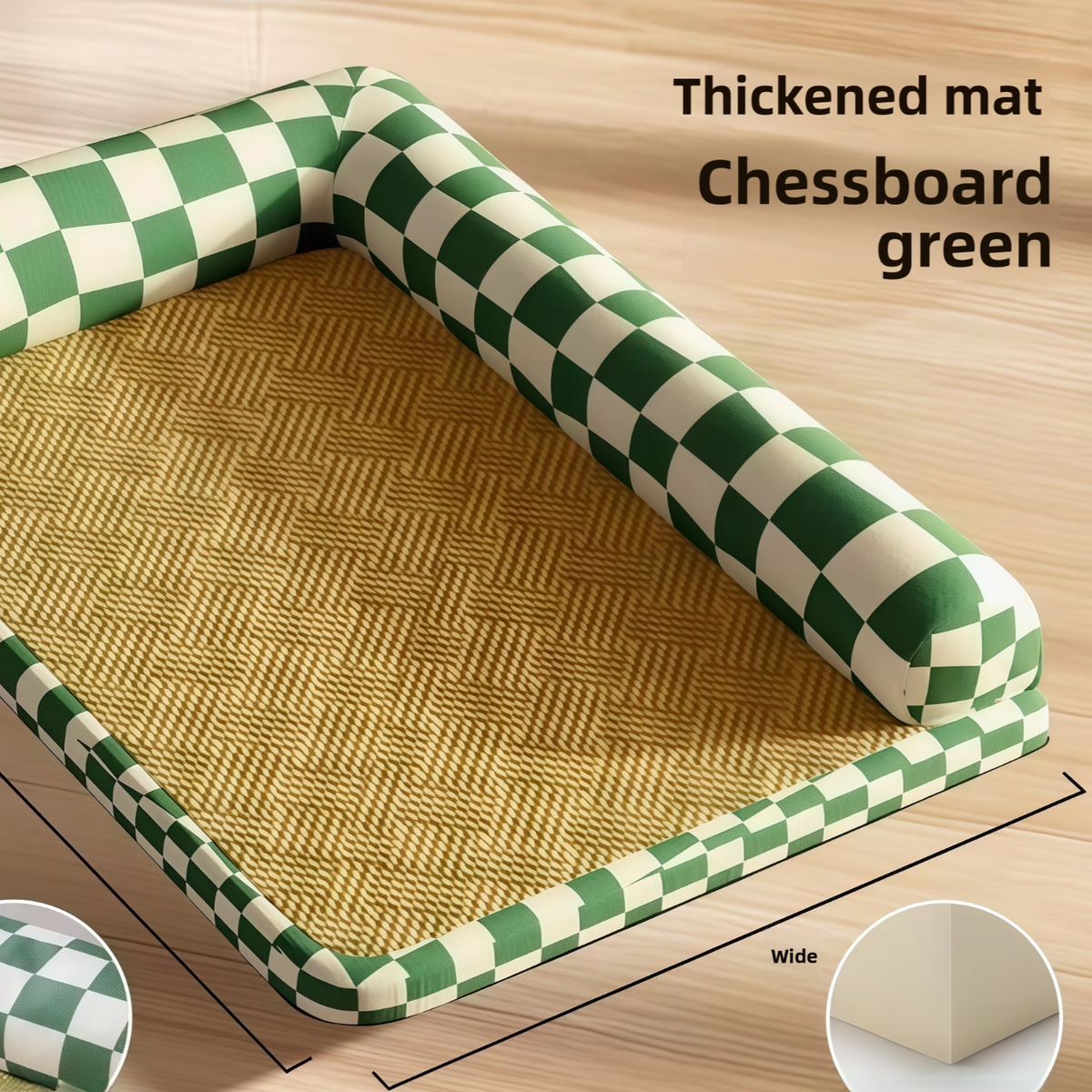 Double-sided cooling pet mat with hemp cover in chessboard green
