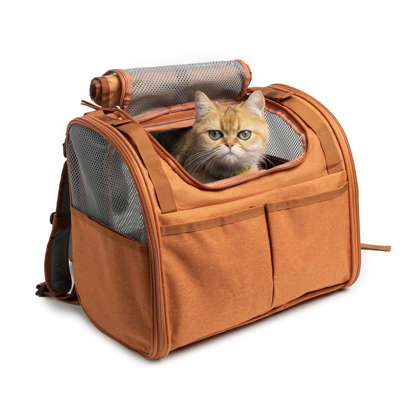 Light brown expandable pet carrier backpack with mesh panels, view 1
