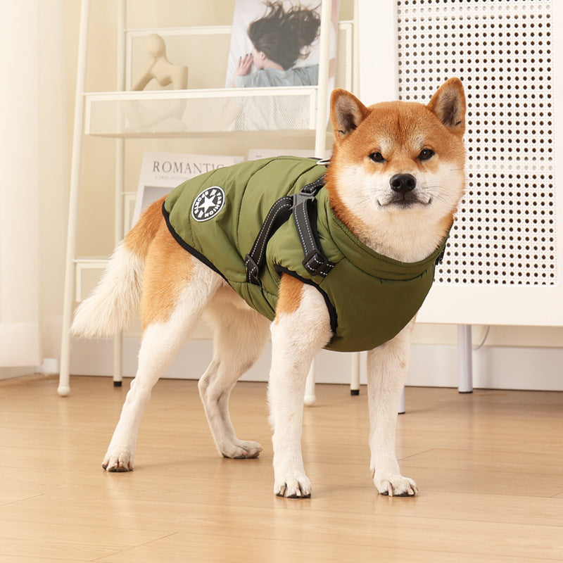 Warm padded cotton dog coat with reflective straps in Blue, close-up detail