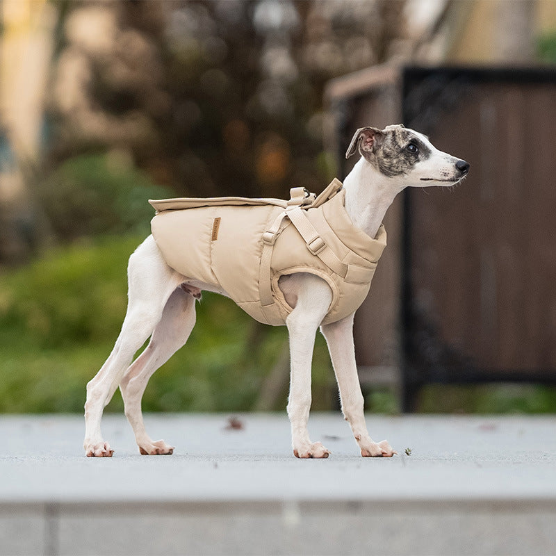 Water-resistant padded dog winter jacket in Khaki, close-up detail
