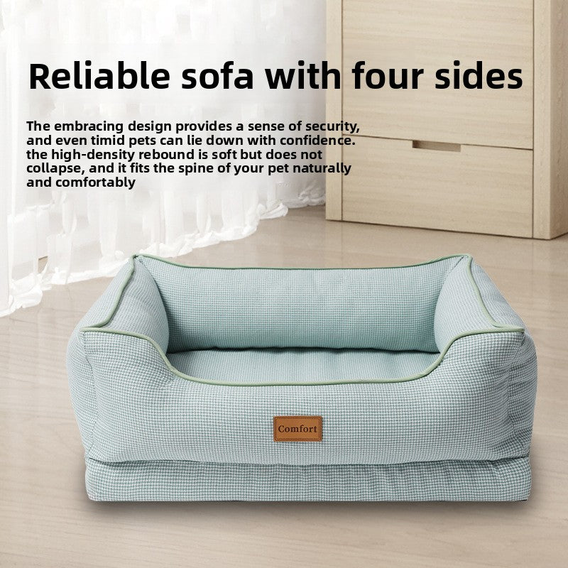 Removable washable linen dog bed with raised edges in light grey