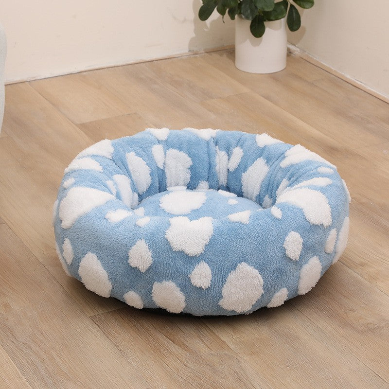 Plush round pet bed in check and floral prints, additional product photo