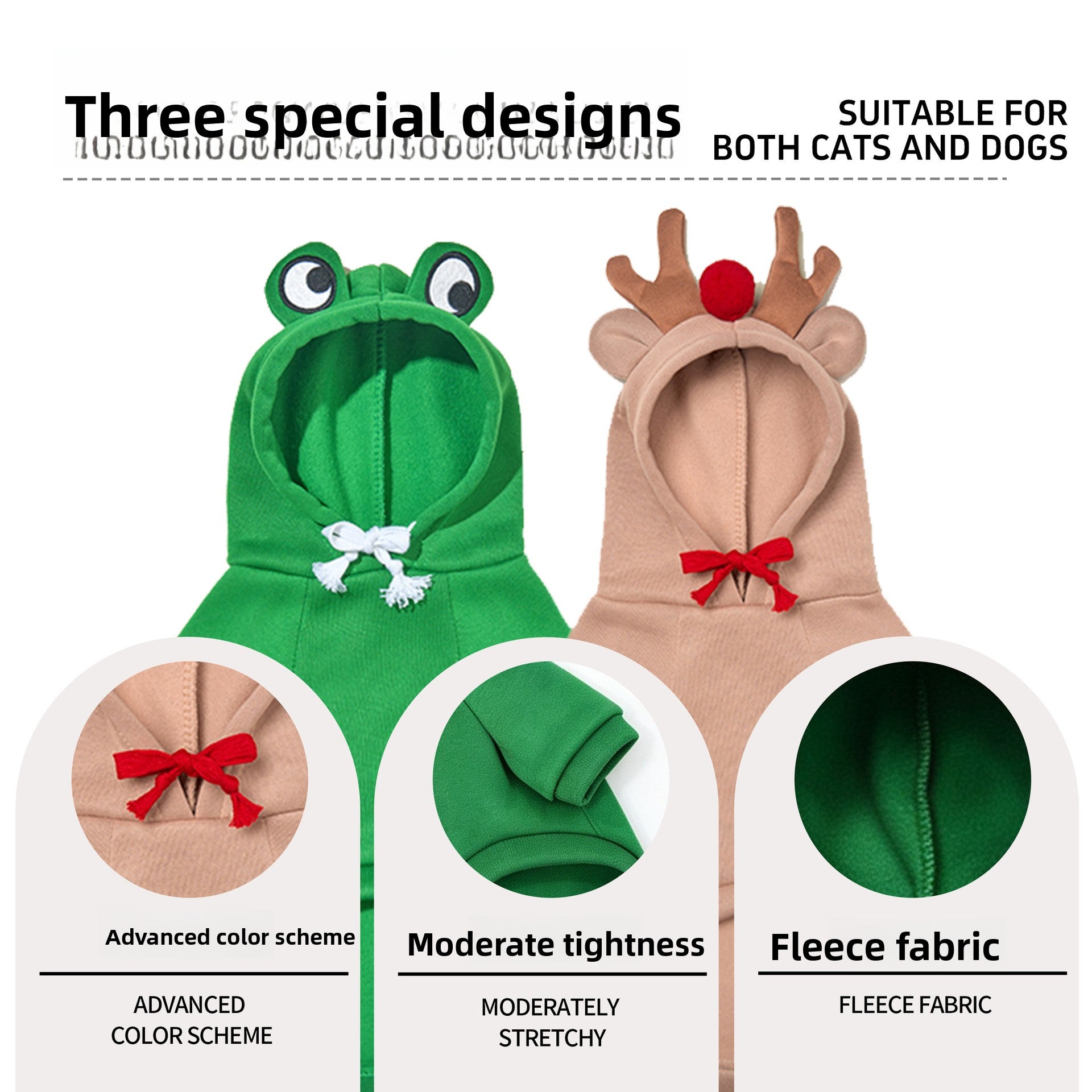 Hooded fleece pet sweatshirts with reindeer and frog designs