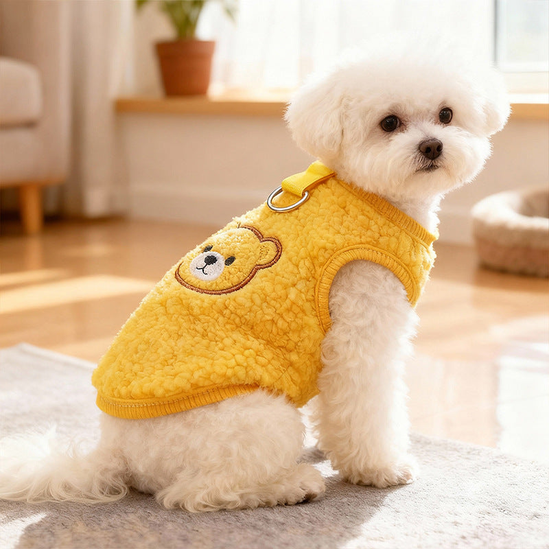 Sherpa fleece bear dog vests in blue, yellow and brown with leads