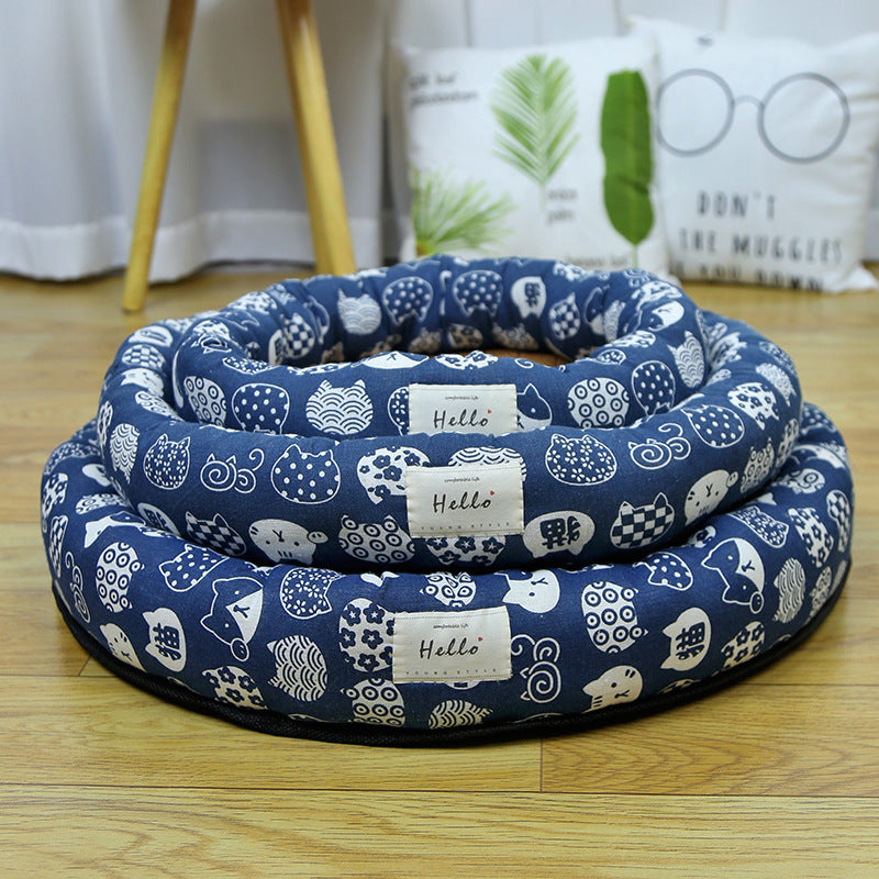 Round straw mat cooling pet nest with cat print, product image 2