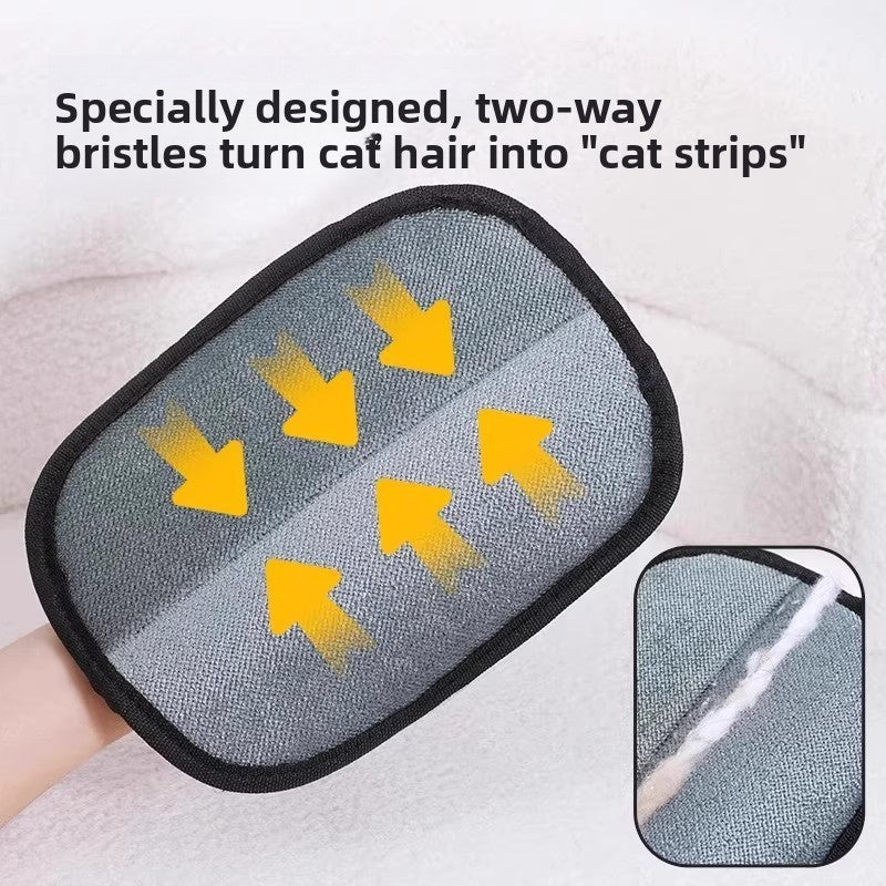Static pet hair removal glove, close-up detail view