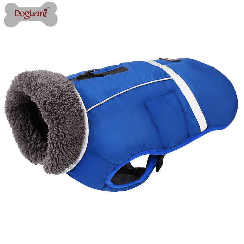 Water-resistant padded dog winter coat with reflective trim in Red, side view