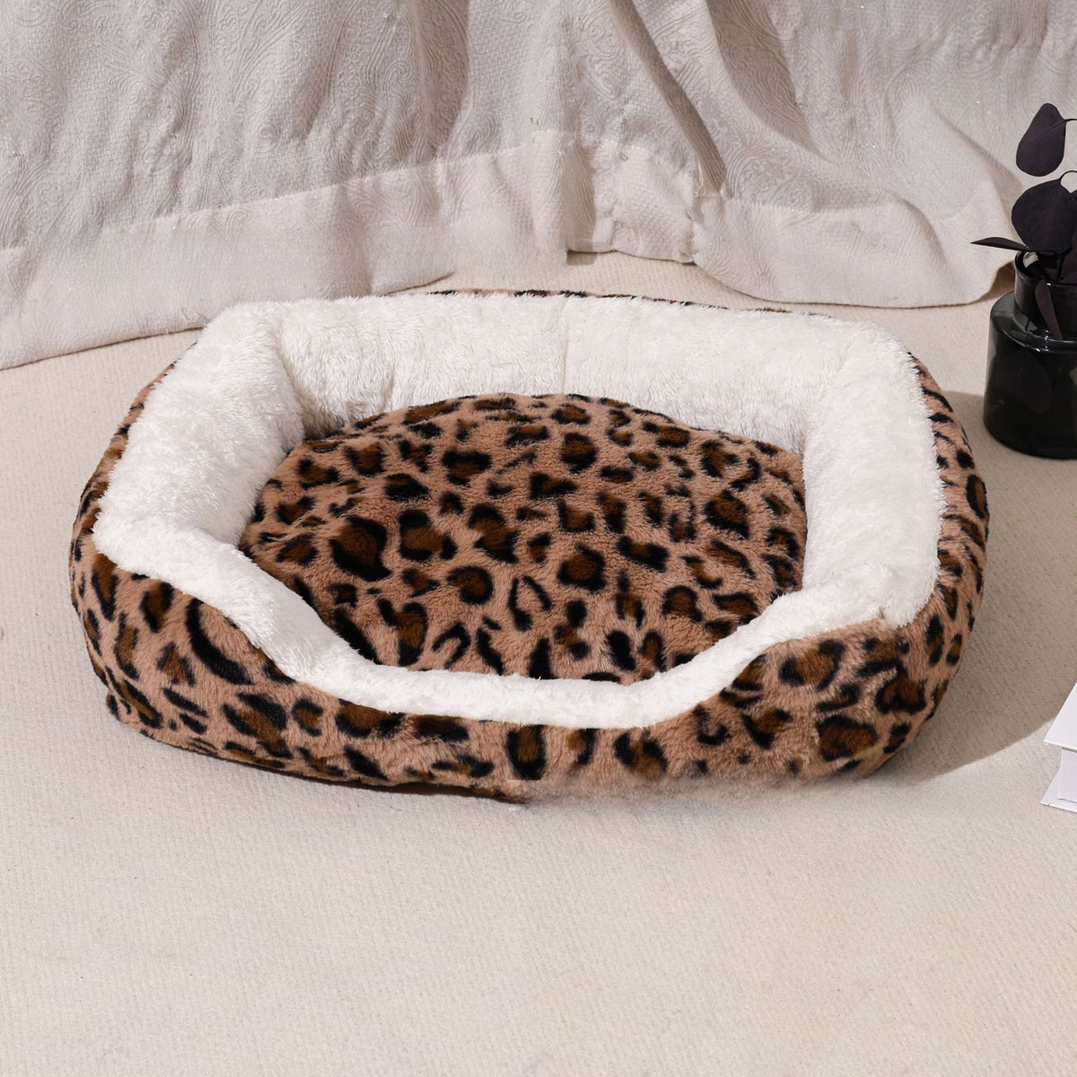 Brown leopard print plush pet sofa bed with removable pad, view 7