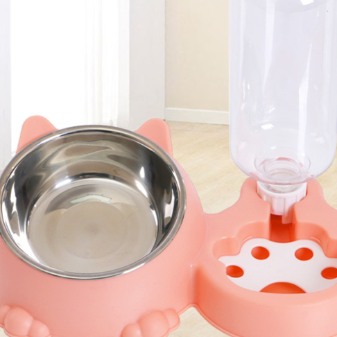 Blue double pet food bowl with water dispenser, view 1