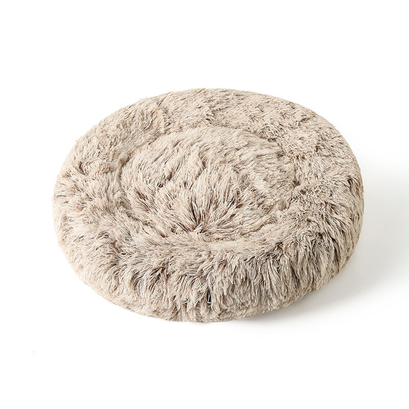 Light grey round plush pet bed with deep nest shape, photo 14