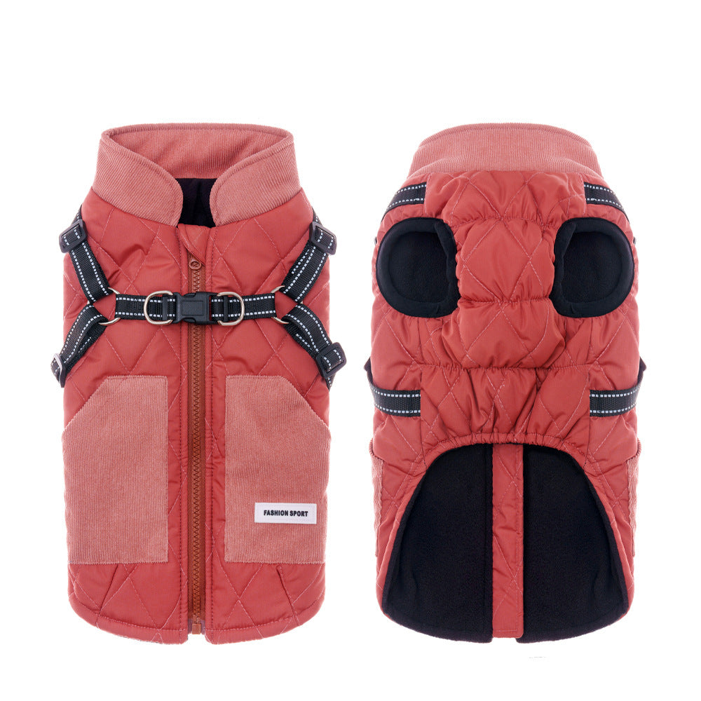 Thick padded dog coat with open back and lead ring, in a home setting