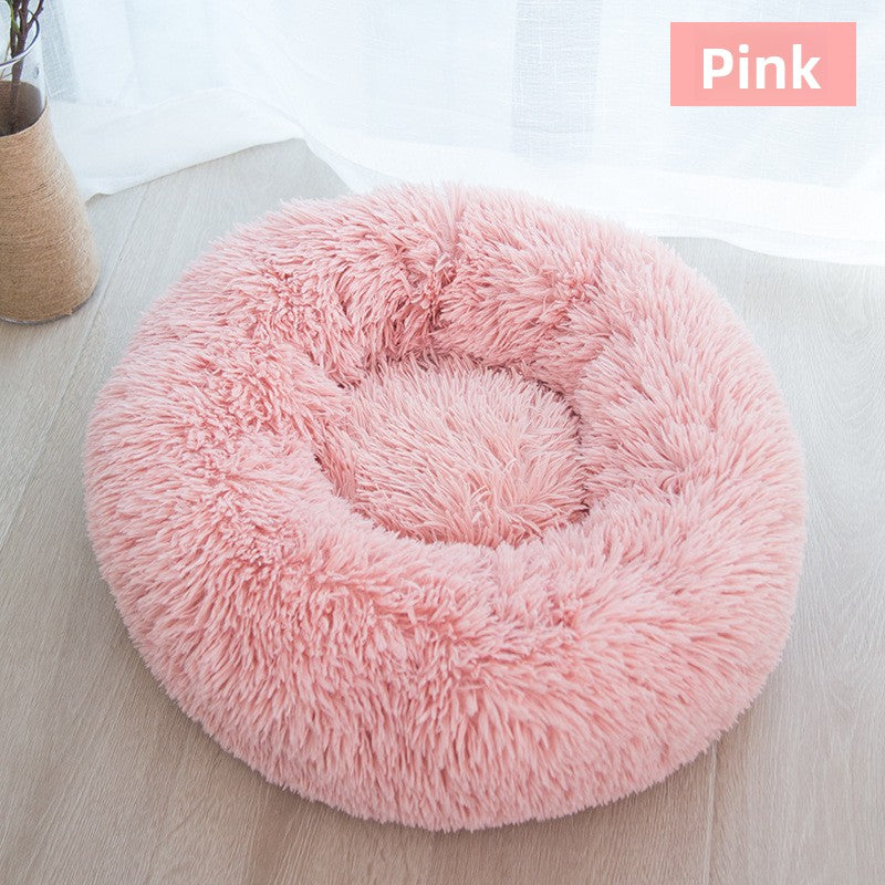 Round plush donut dog bed in light grey