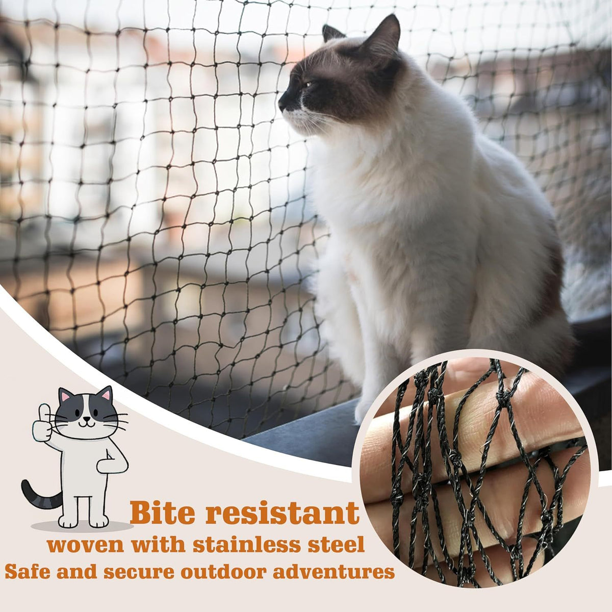 Cat sitting safely behind a balcony safety net