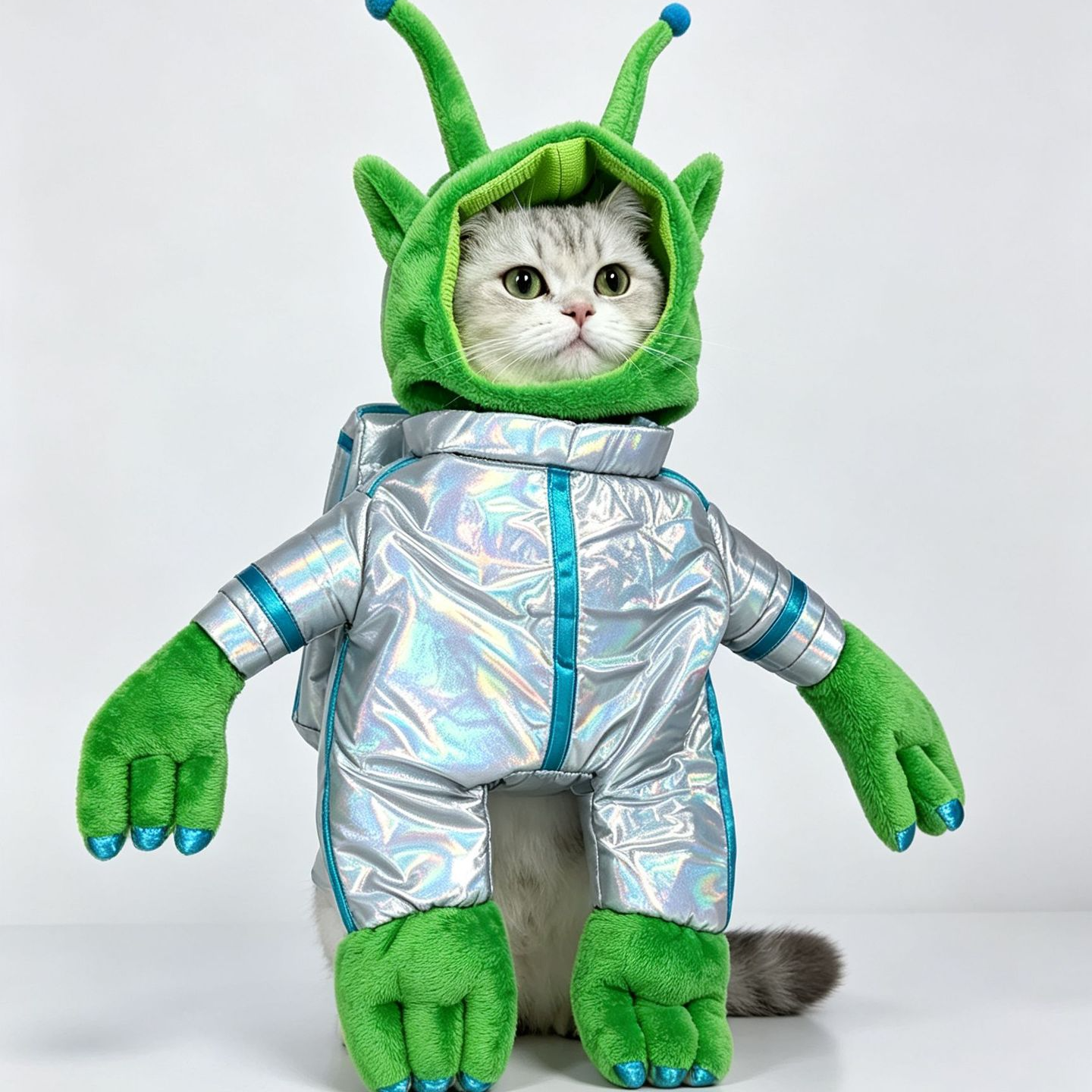 Small dog dressed in a funny green alien costume