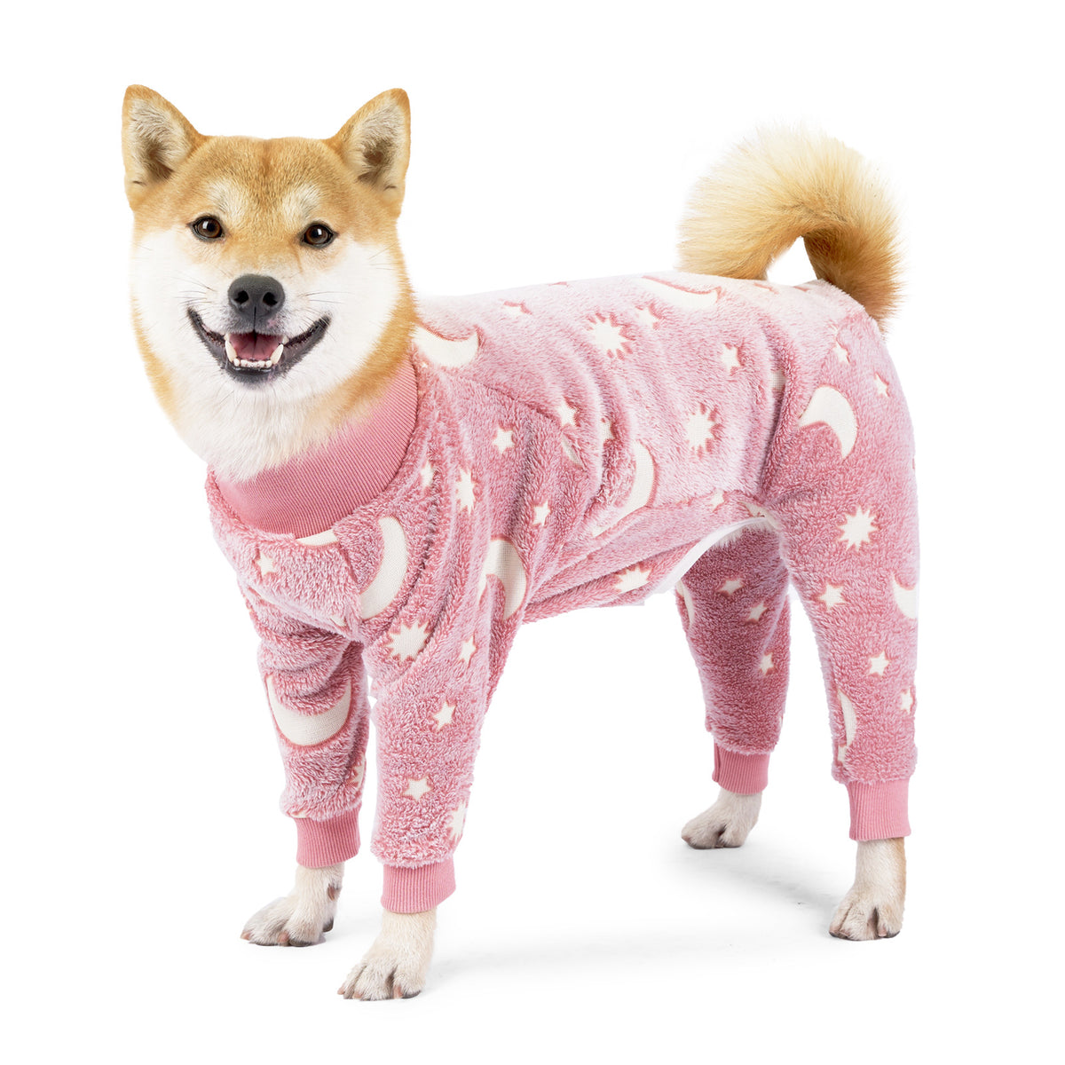 Coral fleece four-leg dog pyjamas in Bone Grey, showing size and shape
