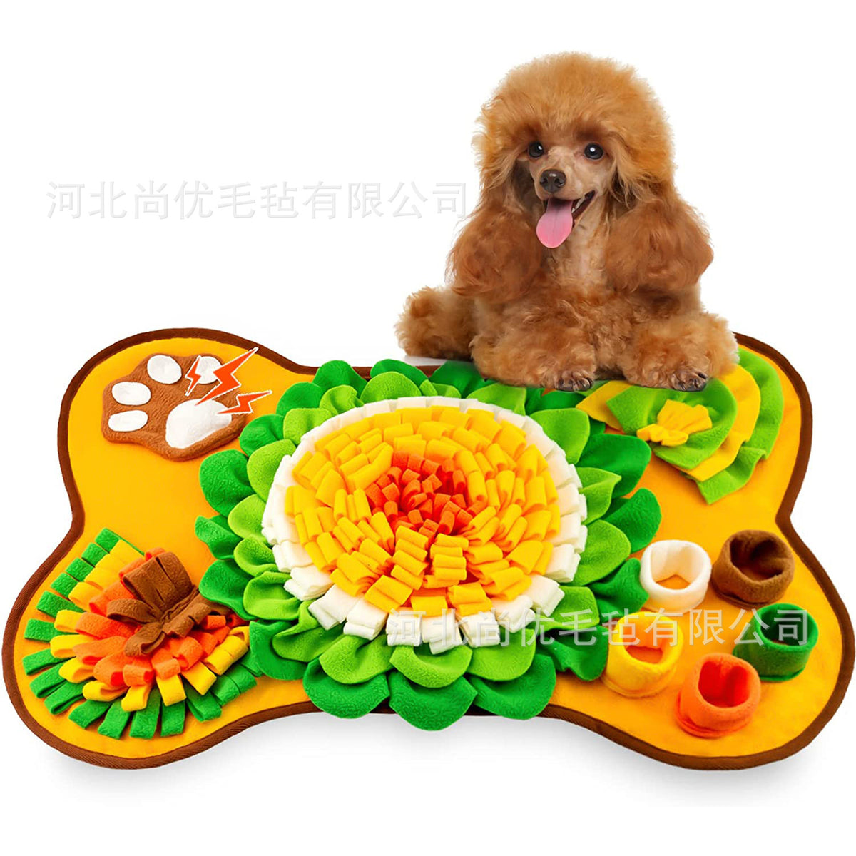 Bone-shaped dog snuffle mat in golden yellow fabric