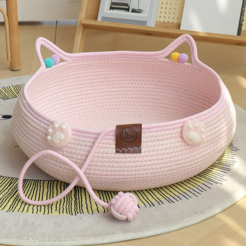 Rattan cat nest with pillow and cotton rope scratcher