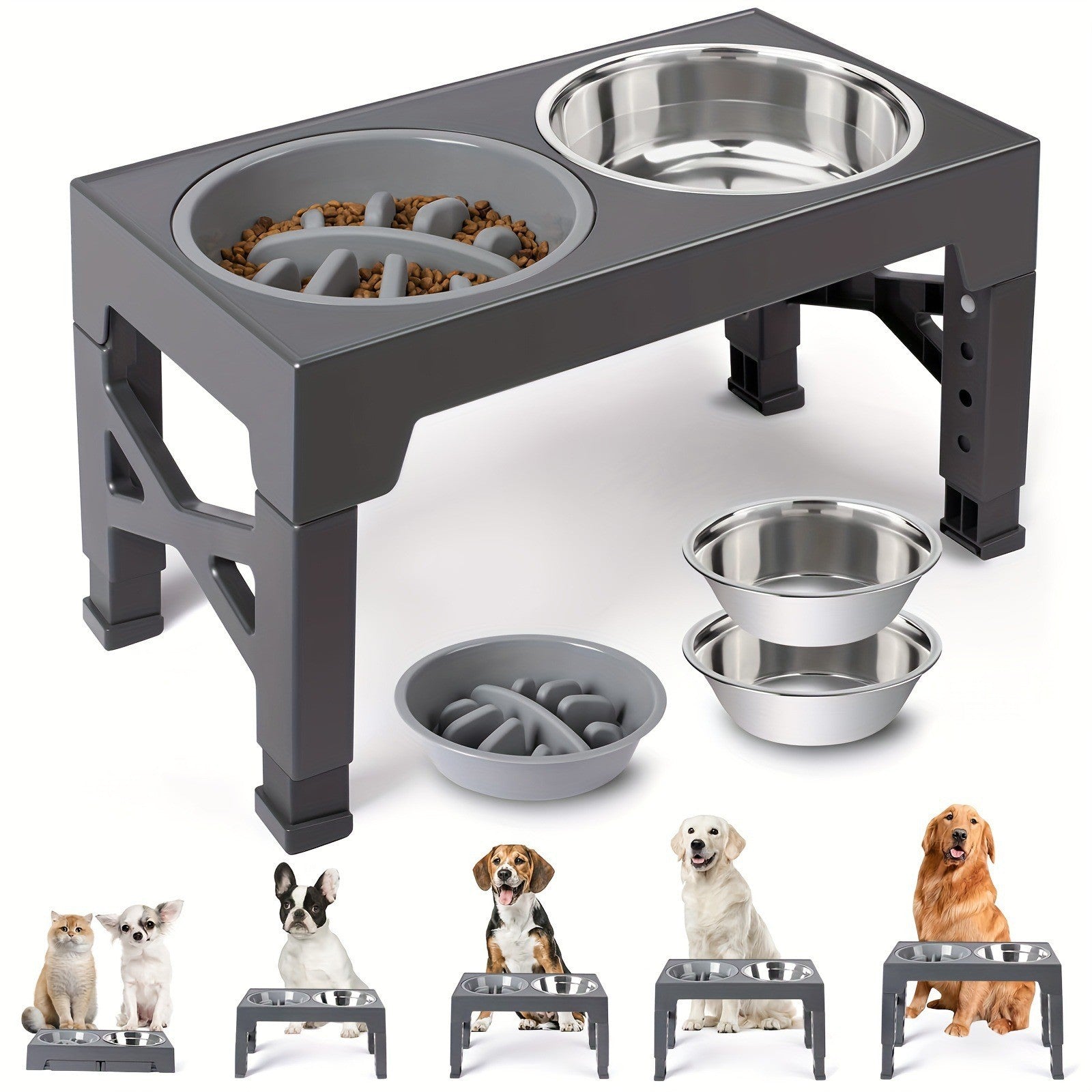 Adjustable Height Pet Feeding Bowl with Stainless Steel and Slow Feeder