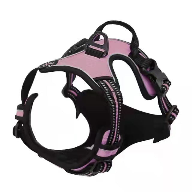 Polyester dog harness sets shown in nine bright colours
