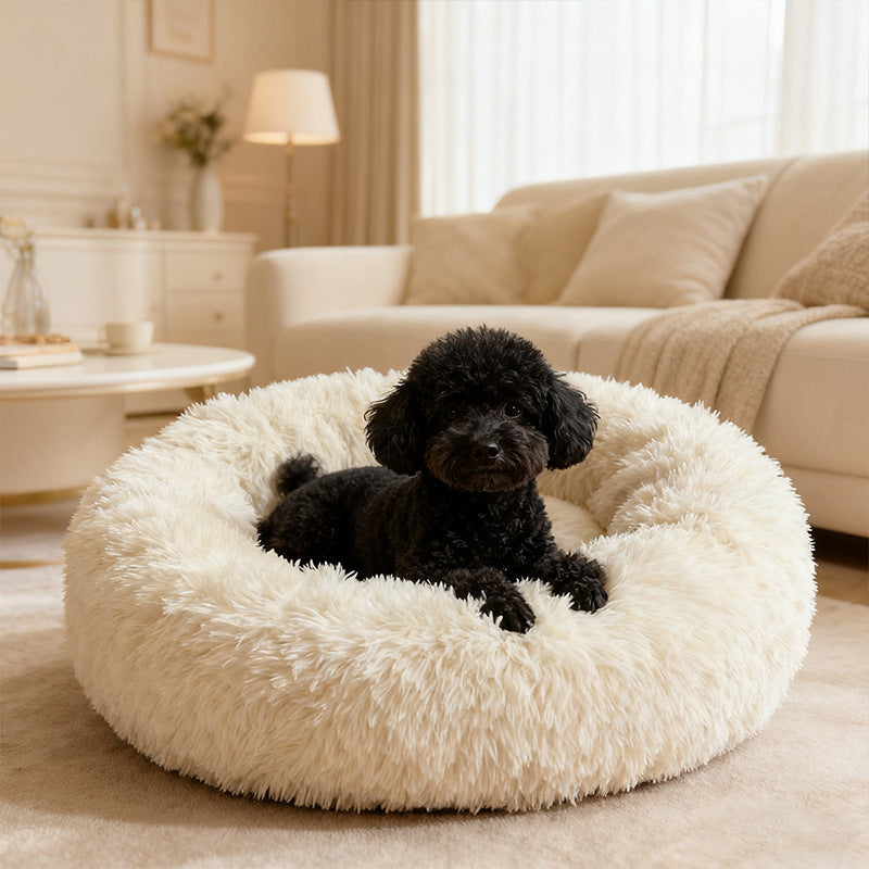 Plush round pet nest bed in Cream White, size 50cm Diameter