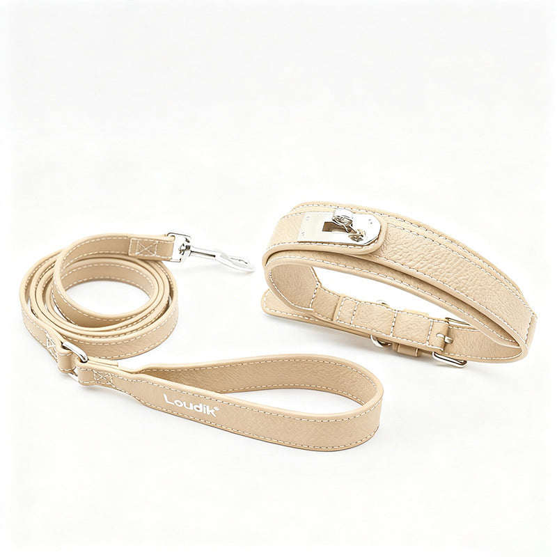 PU leather dog collar and lead in apricot with bag holder