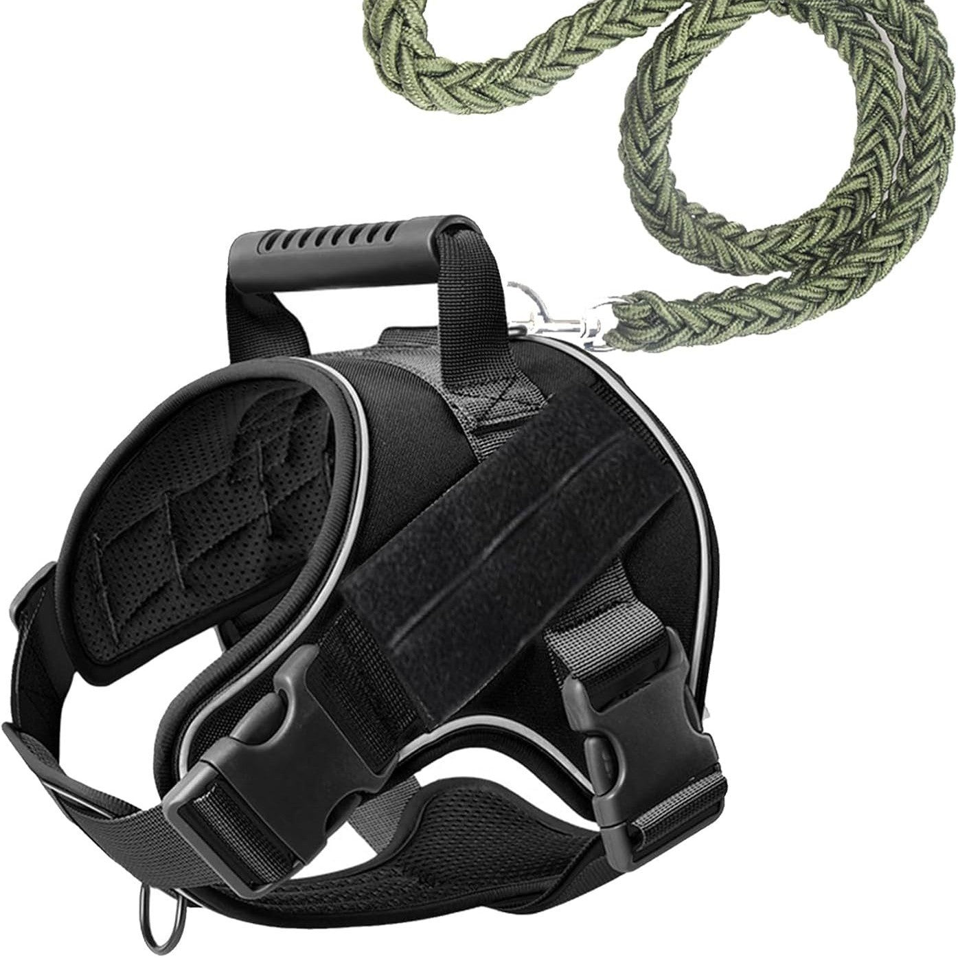 Military green tactical dog vest harness with adjustable straps