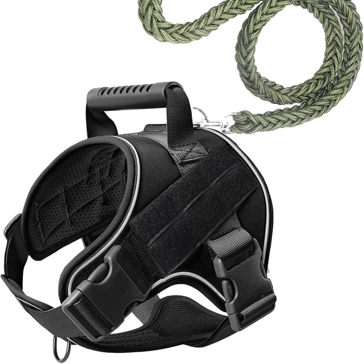 Military green tactical dog vest harness with adjustable straps