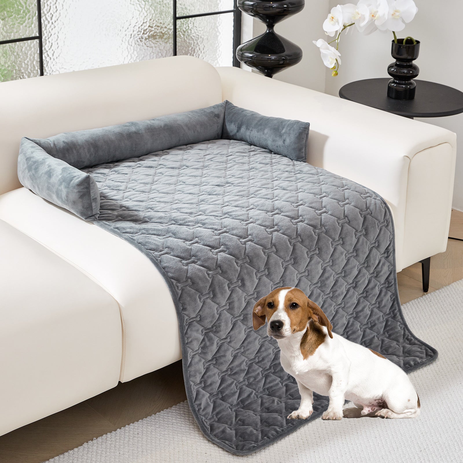 Large plush dog bed mat with pillow, main product photo