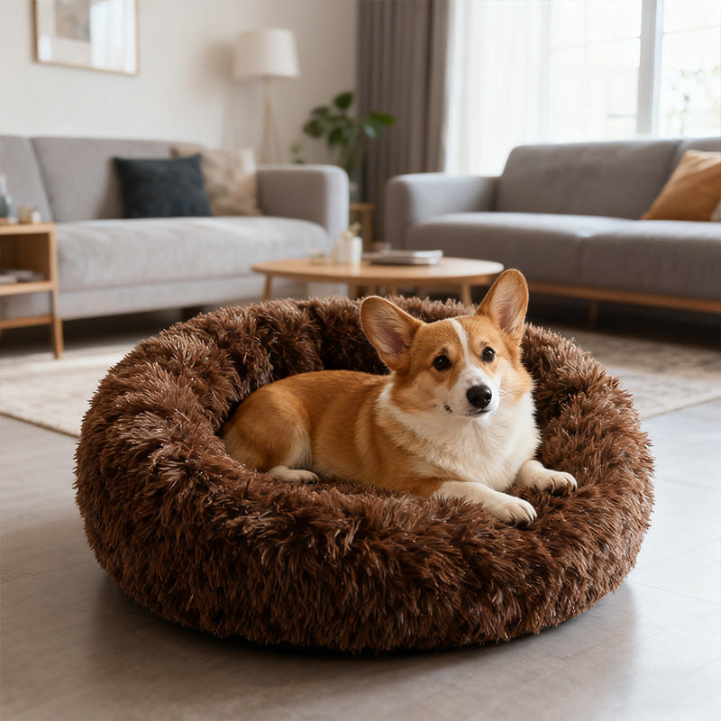 Plush round pet nest bed in Coffee, size 60cm Diameter