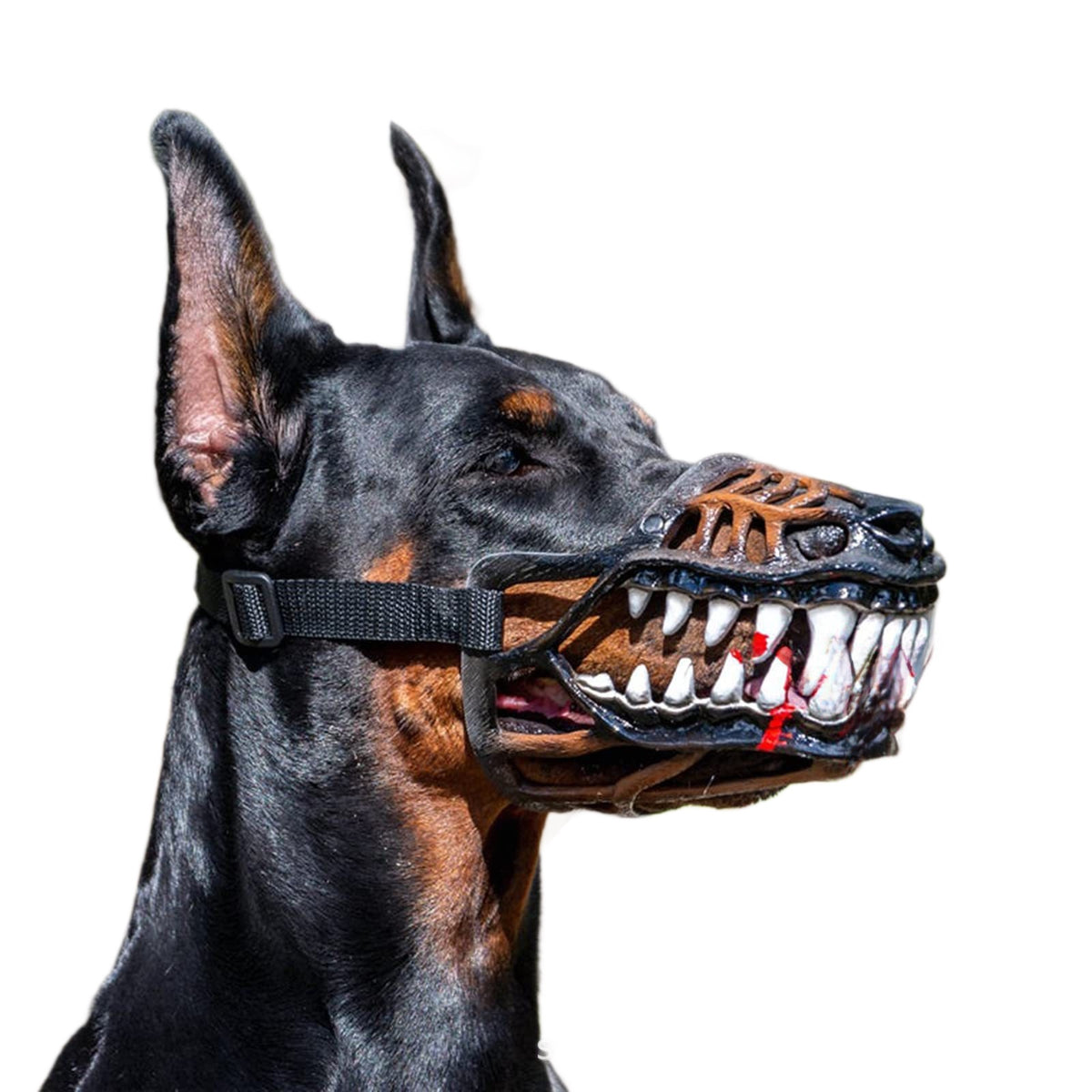Latex dinosaur skull Halloween mask with movable teeth on a dog, view 12