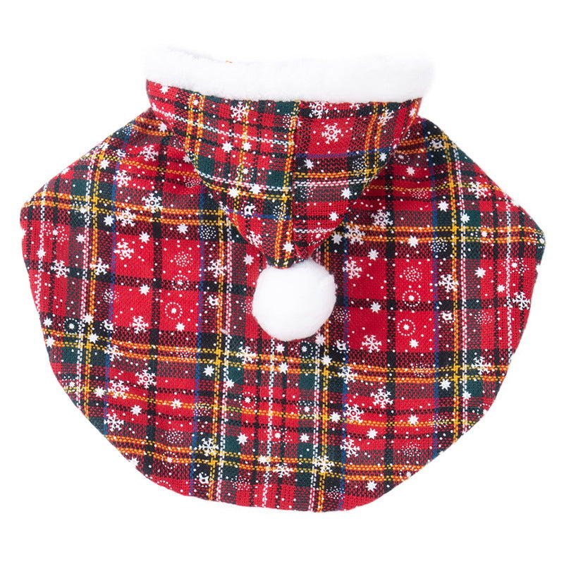Cat wearing a red Christmas plaid hooded cape