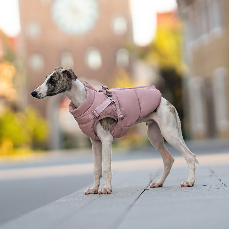Water-resistant padded dog winter jacket in Smoke Pink, side view