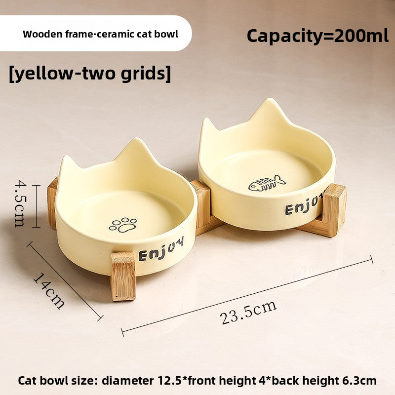 Anti-Spill Ceramic Pet Bowl with Wooden Stand and Cat Ear, Paw or Fish Bone Design