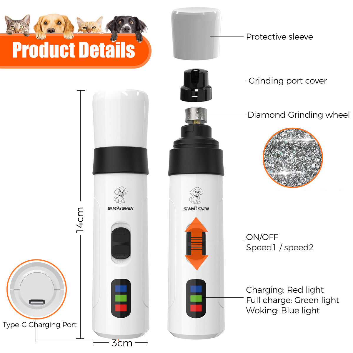 2-Speed Electric Dog Nail Grinder with LED Light and Spare Heads