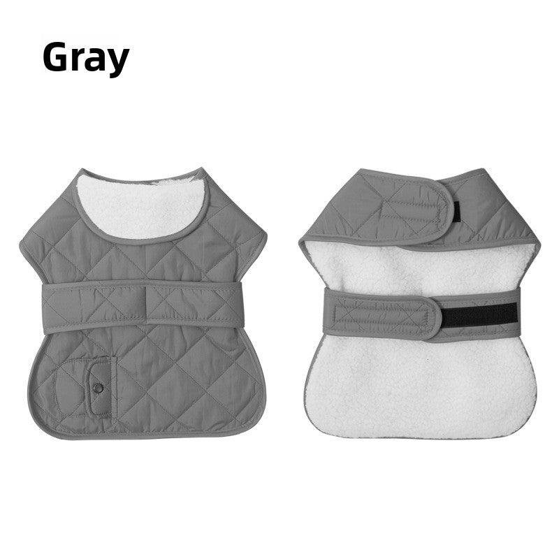 British style two-leg dog winter vest jacket in Red, showing size and shape