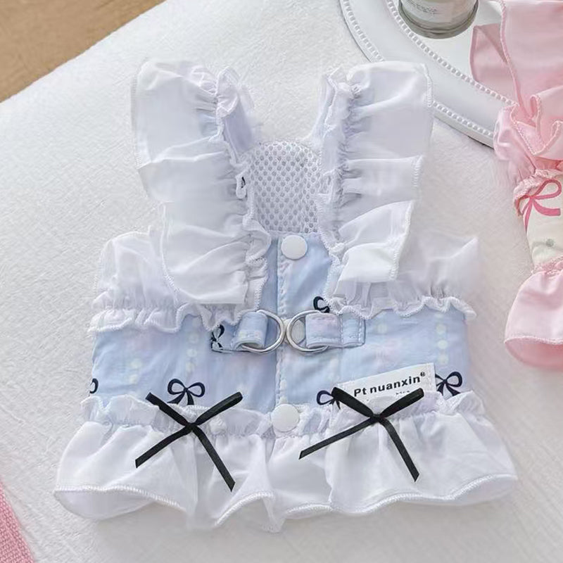 Princess cotton dog dress with matching lead in Pink Dress, in a home setting