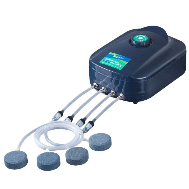 Quiet two outlet aquarium air pump with air stones and tubing, view 1