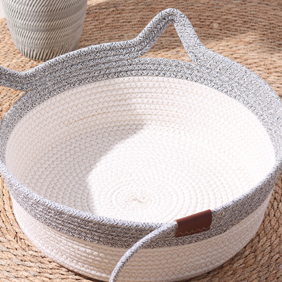 Grey cotton rope cat bed with scratcher and play ball, view 1
