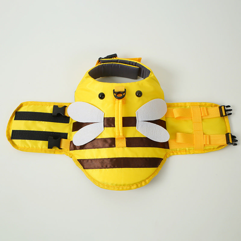 Adjustable dog swim vest with bee print in Dragonfly, close-up detail