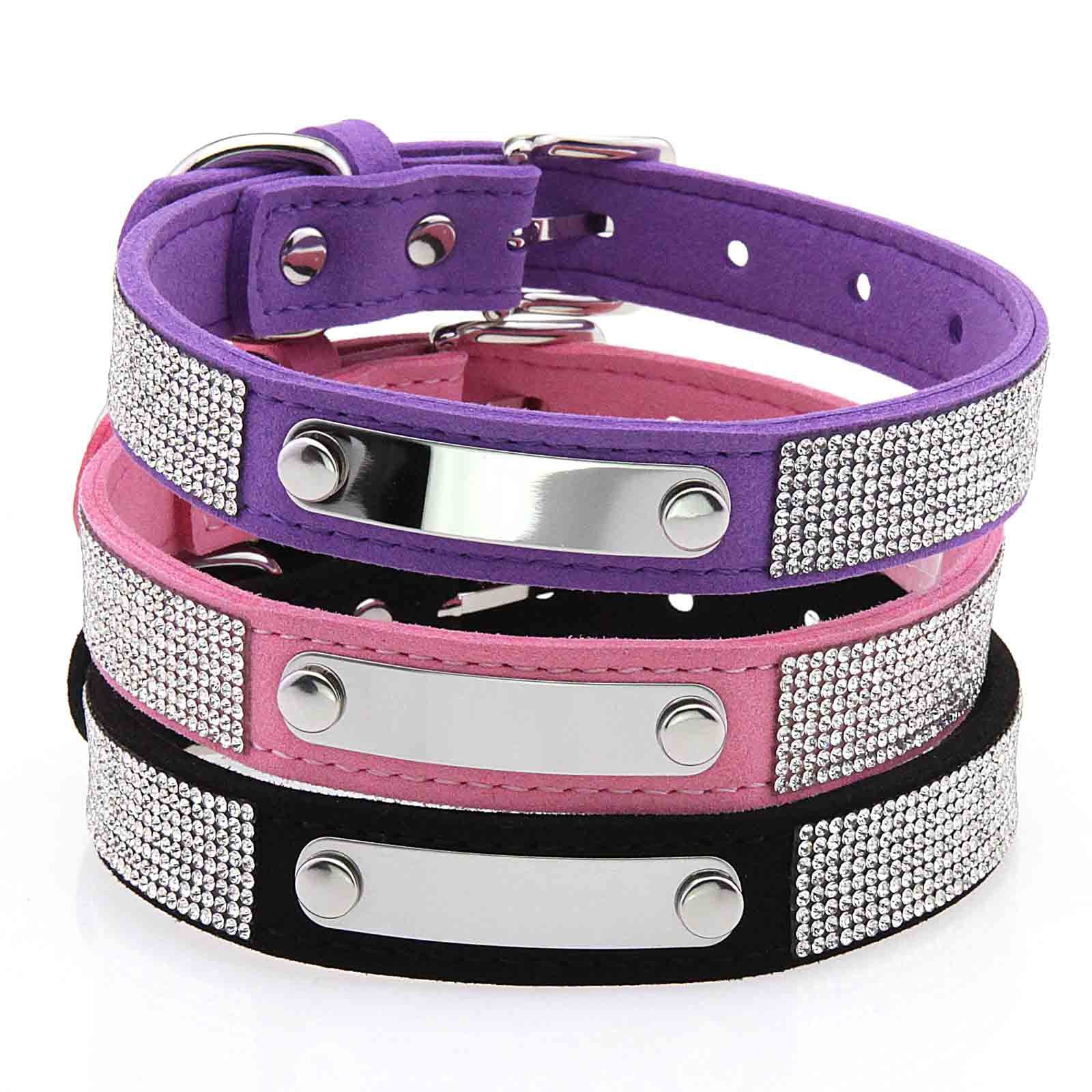Rhinestone nylon collar for dogs and cats in Black, front view