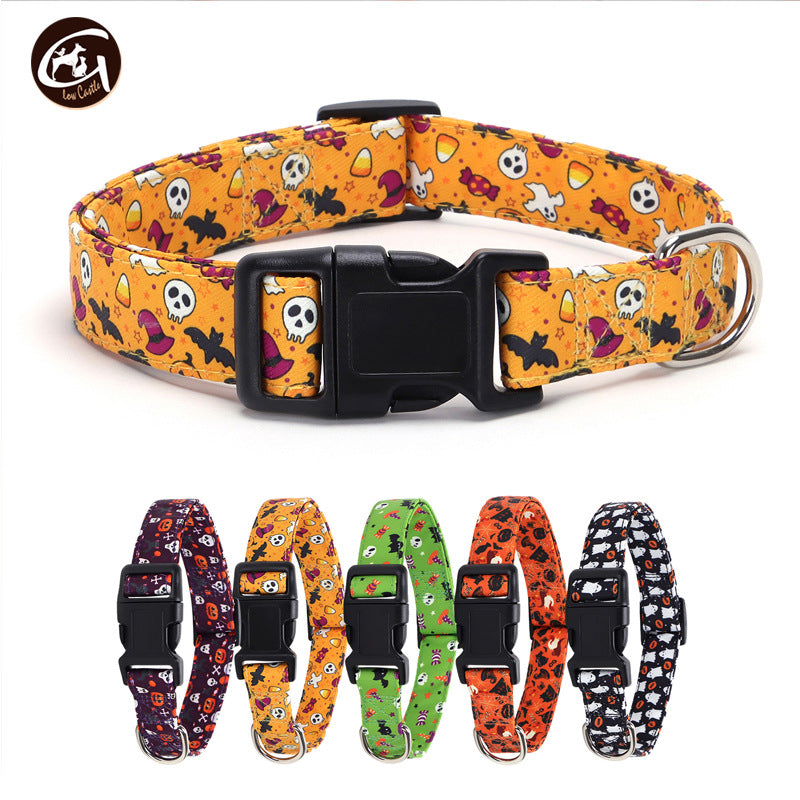 Halloween fabric dog collar with pumpkin print in Orange Pumpkin, front view