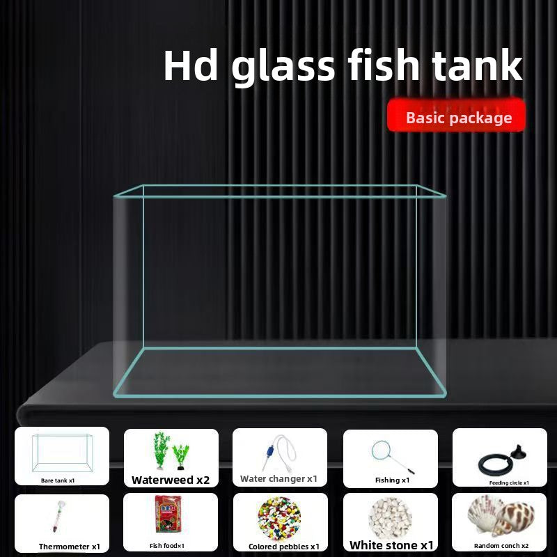 Curved glass goldfish tank on a desk with plants, view 25