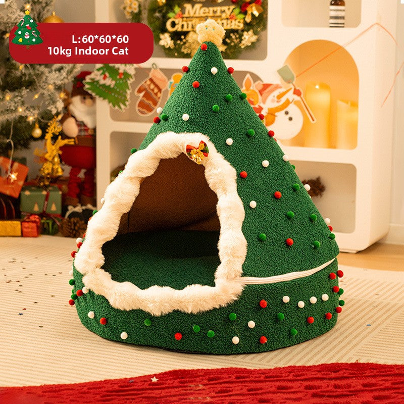 Christmas tree shaped plush cat bed with fleece lining, product image 6