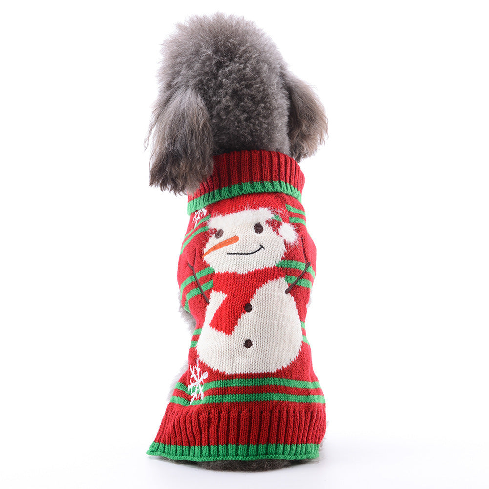 Christmas knitted dog jumper with festive pattern, in a home setting