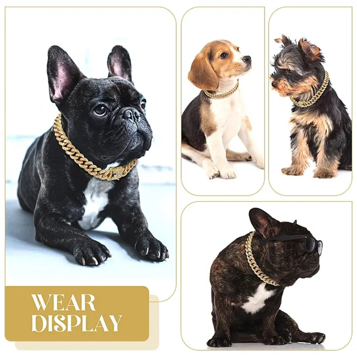 Faux diamond metal chain pet collar in Rose Gold, side view